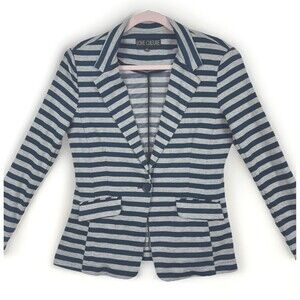 Knit Blazer Womens SZ LG Blue Stripes Gray Lightweight Preppy Trendy College